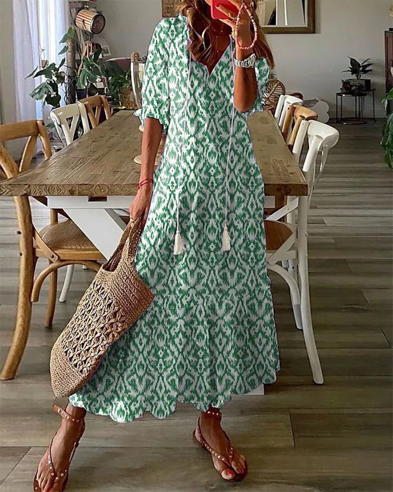 Women's Printed V-Neck Boho Maxi Dress