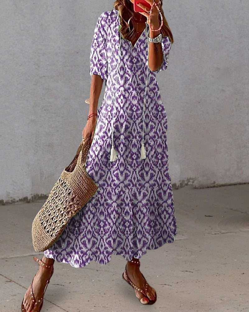 Women's Printed V-Neck Boho Maxi Dress