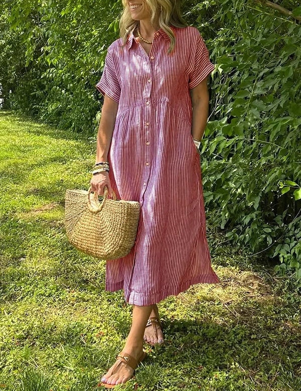 Women's Striped Shirt Dress with Gathered Waist