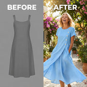 Women's Round Neck Midi Dress with Button Detail