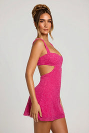 Women's Embellished Cut-Out Mini Dress with Mesh Overlay