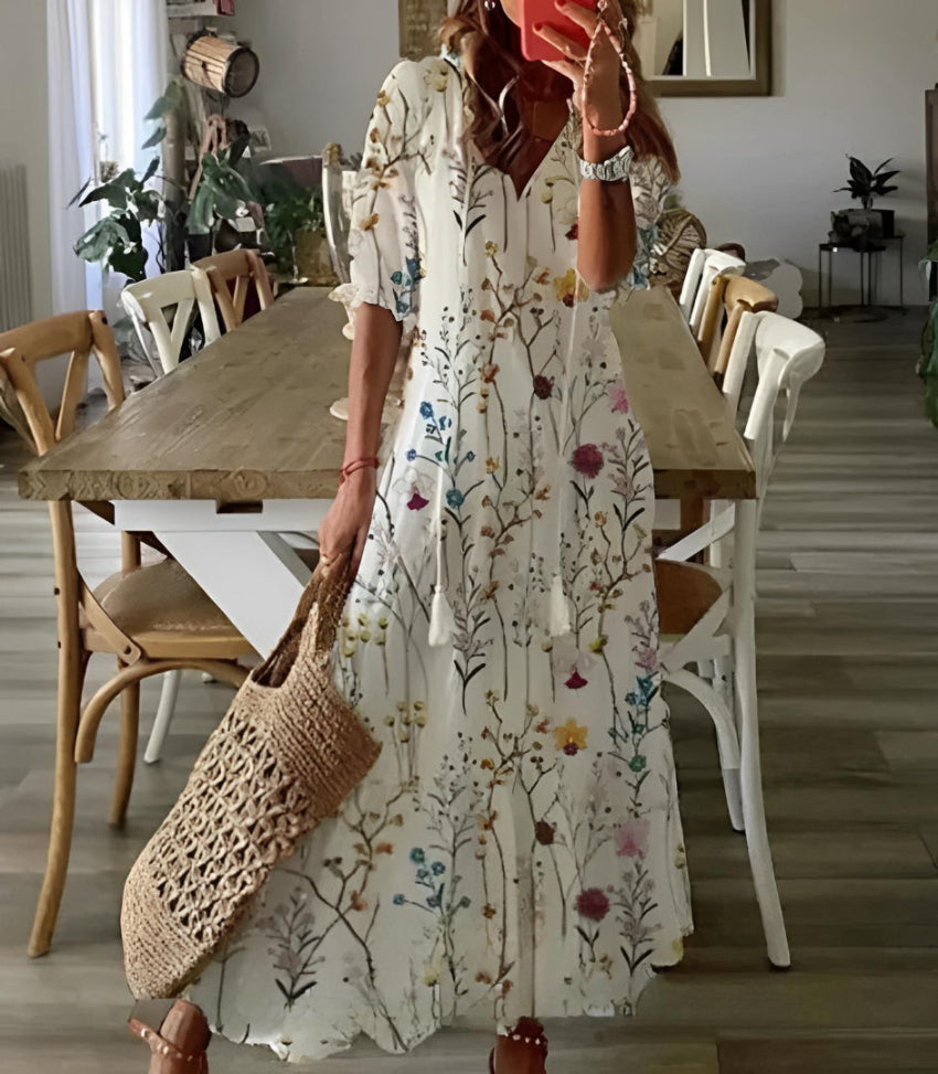 Women's Printed V-Neck Boho Maxi Dress