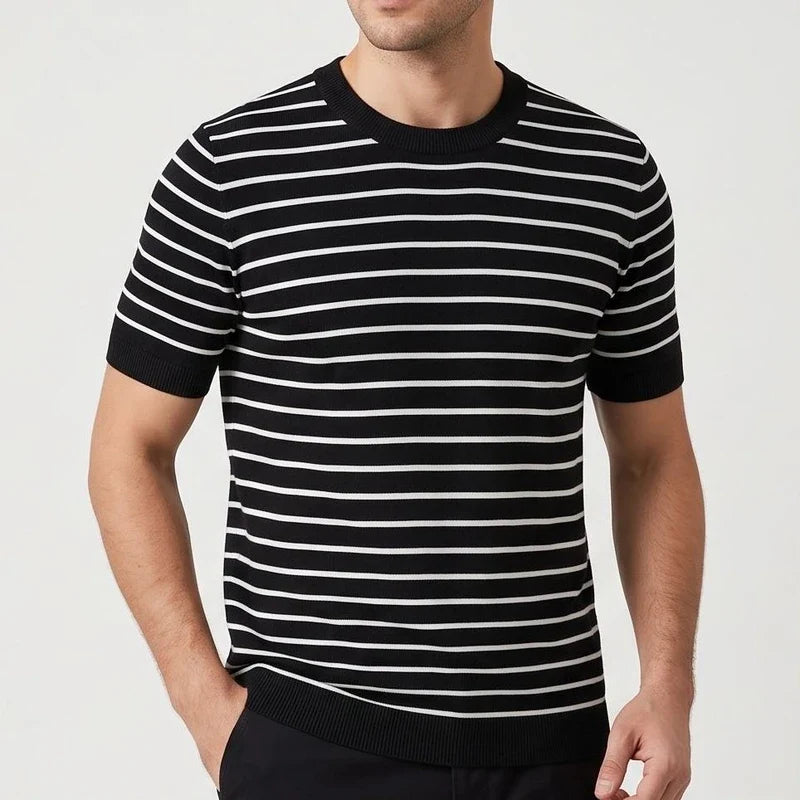 Men's Cotton Knit Striped T-Shirt with Ribbed Cuffs