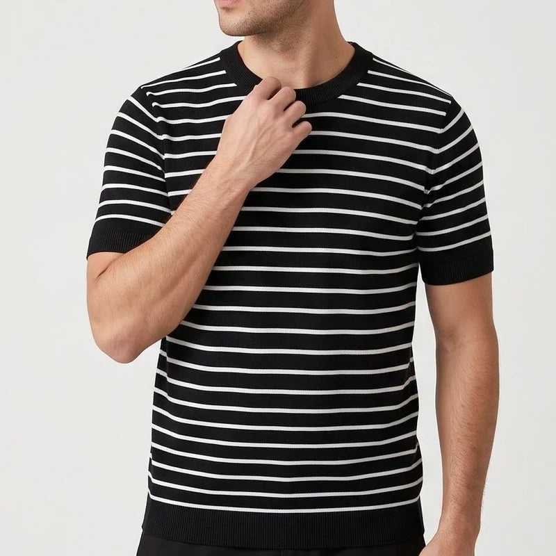 Men's Cotton Knit Striped T-Shirt with Ribbed Cuffs