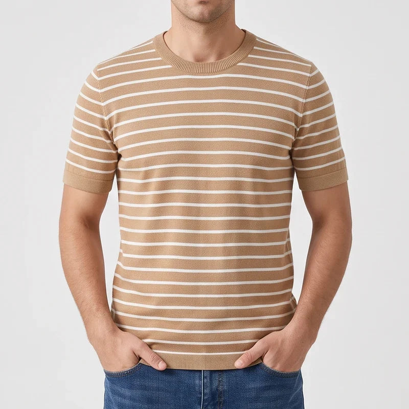Men's Cotton Knit Striped T-Shirt with Ribbed Cuffs