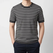 Men's Cotton Knit Striped T-Shirt with Ribbed Cuffs
