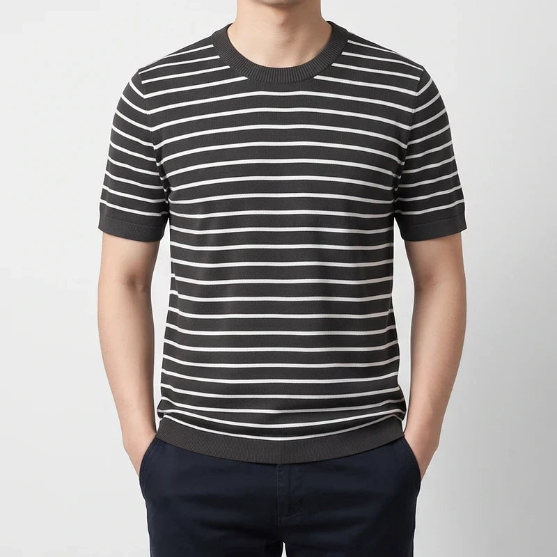 Men's Cotton Knit Striped T-Shirt with Ribbed Cuffs