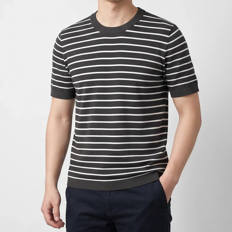 Men's Cotton Knit Striped T-Shirt with Ribbed Cuffs