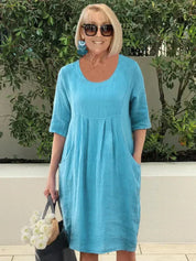 Women's Linen Midi Dress with Deep Pockets