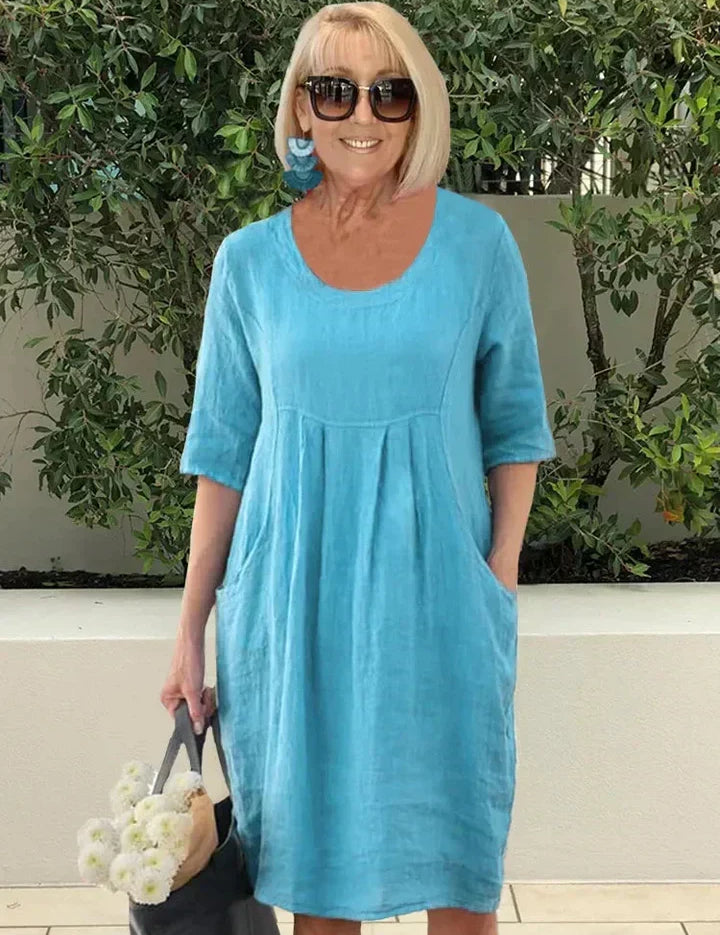 Women's Linen Midi Dress with Deep Pockets