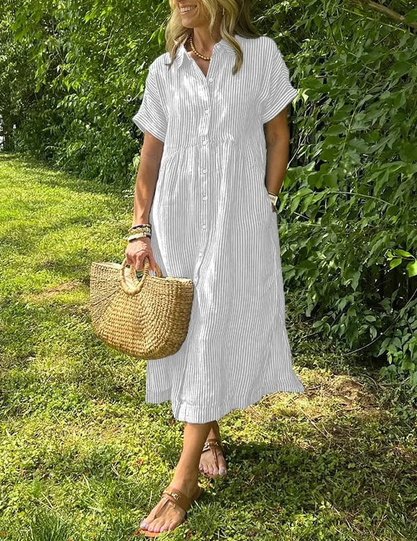 Women's Striped Shirt Dress with Gathered Waist