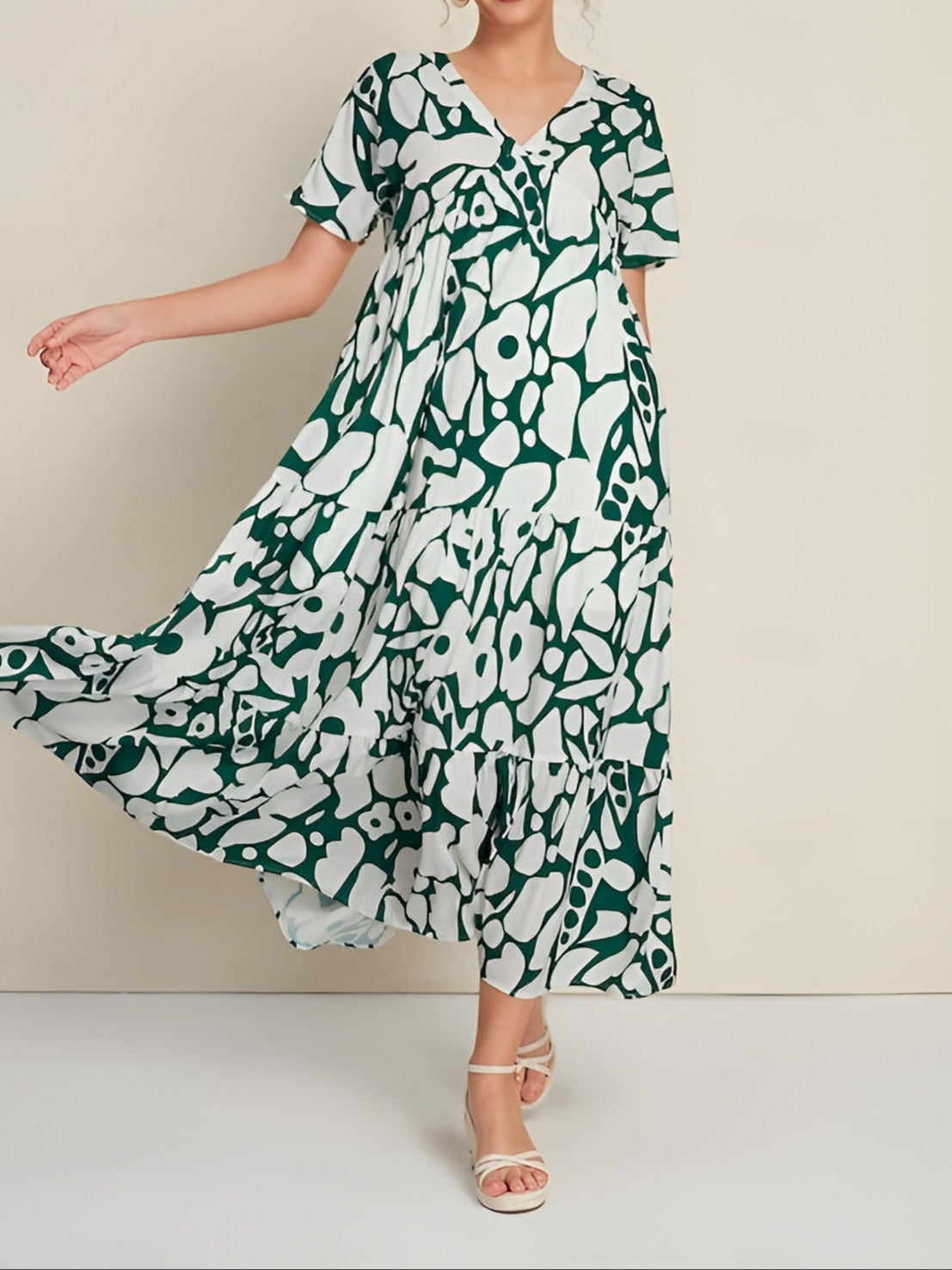 Women's Printed Tiered Maxi Dress with V-Neck