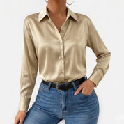 Women's Satin Blouse with Point Collar Relaxed Fit