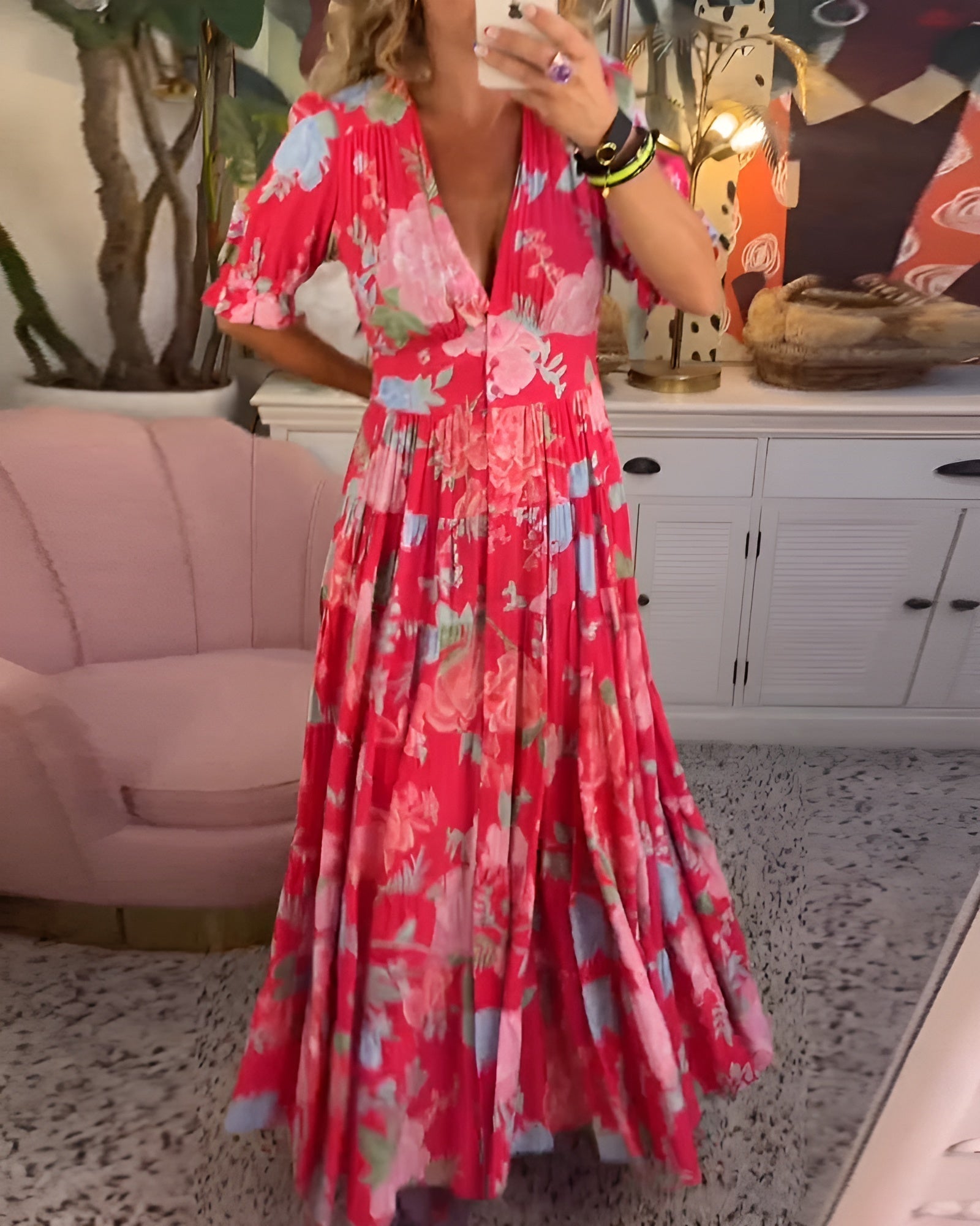 Women's Floral Print V-Neck Maxi Dress with Pockets