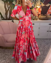 Women's Floral Print V-Neck Maxi Dress with Pockets