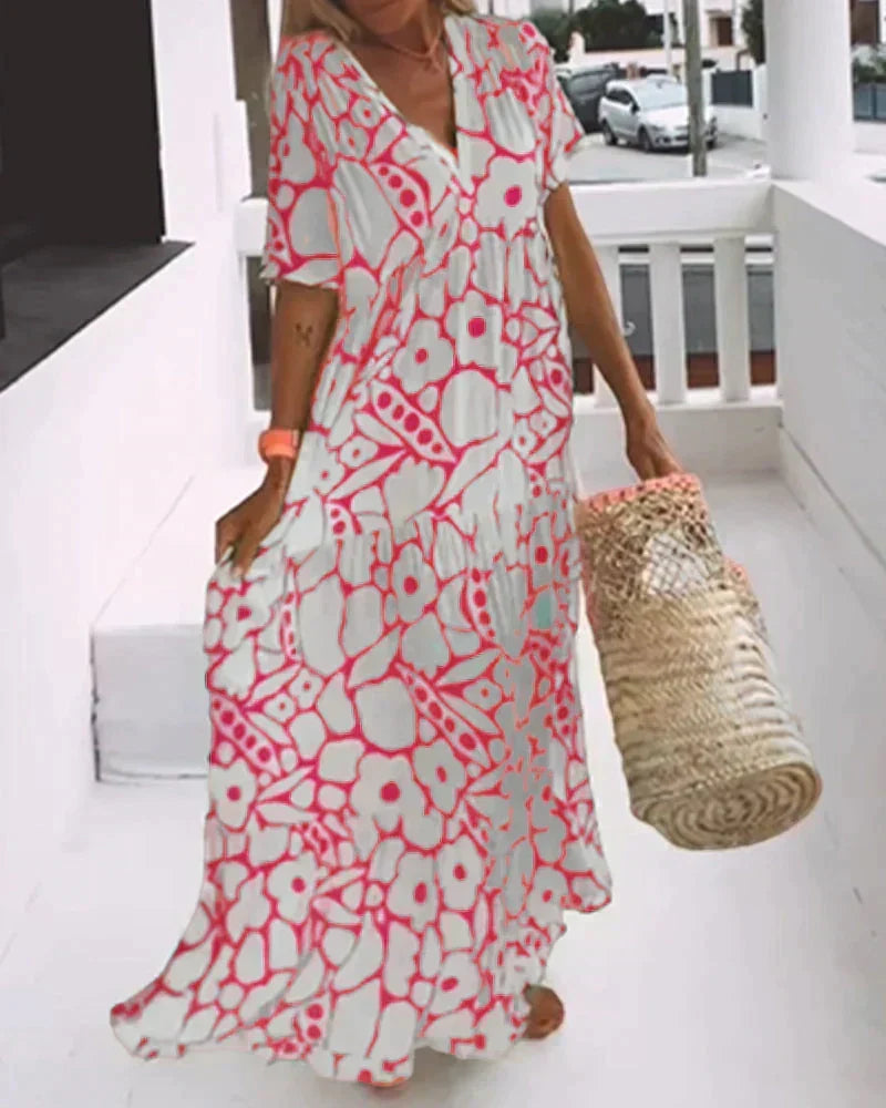 Women's Printed Tiered Maxi Dress with V-Neck