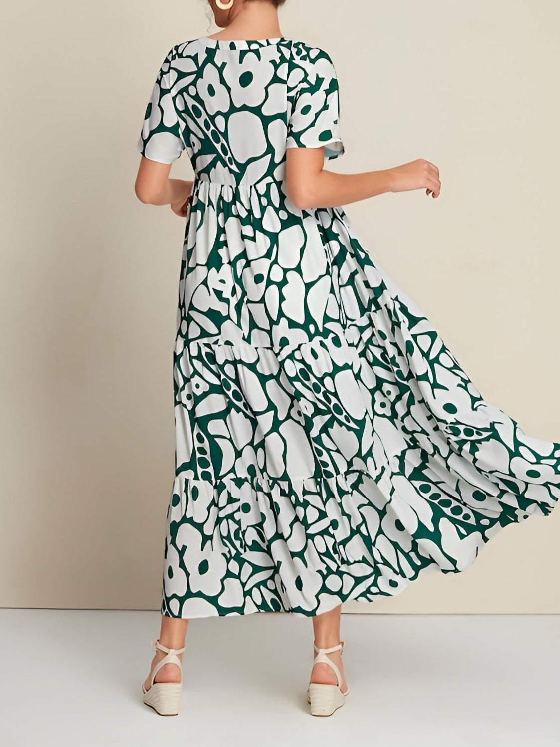 Women's Printed Tiered Maxi Dress with V-Neck