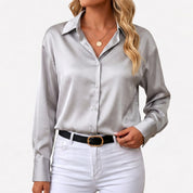 Women's Satin Blouse with Point Collar Relaxed Fit