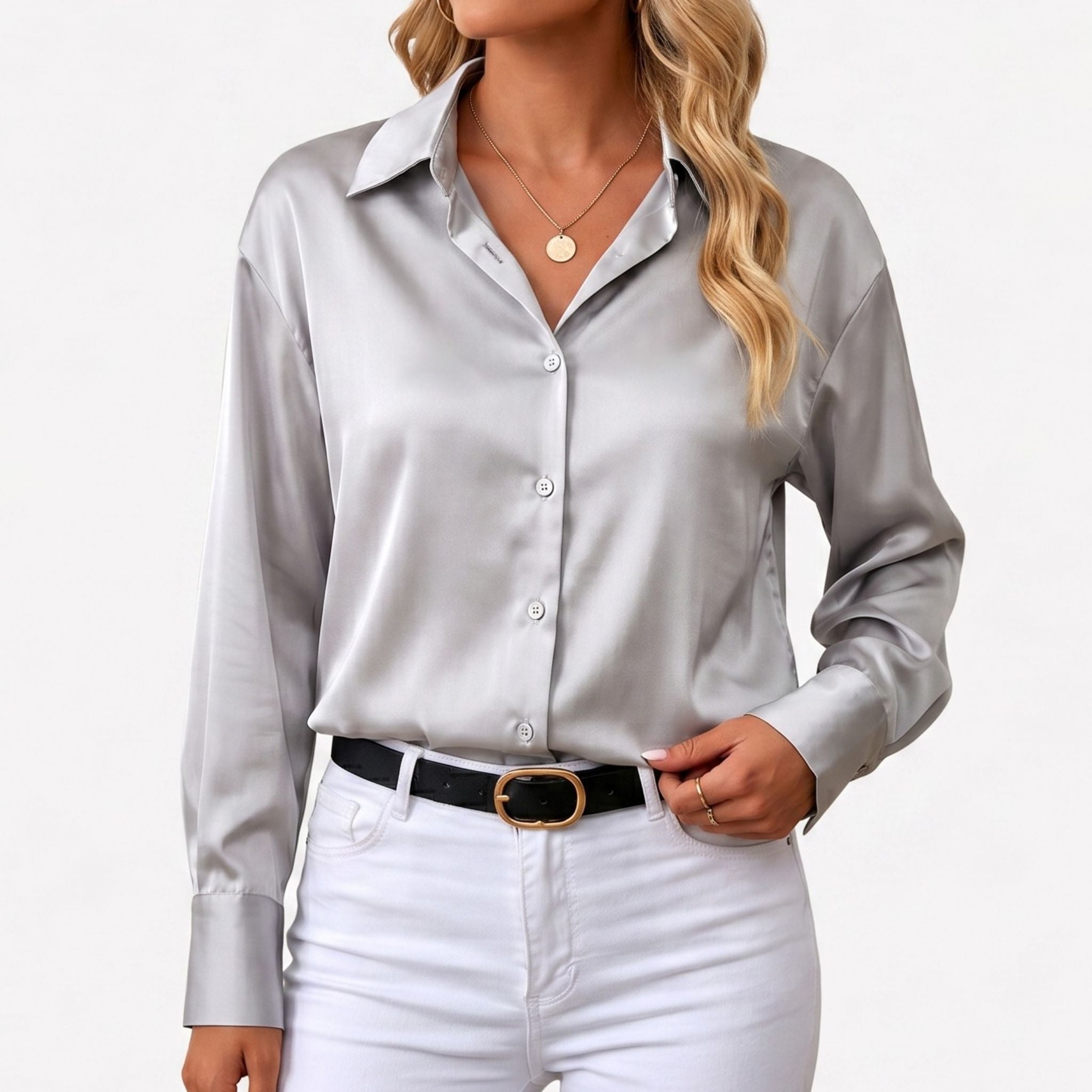 Women's Satin Blouse with Point Collar Relaxed Fit