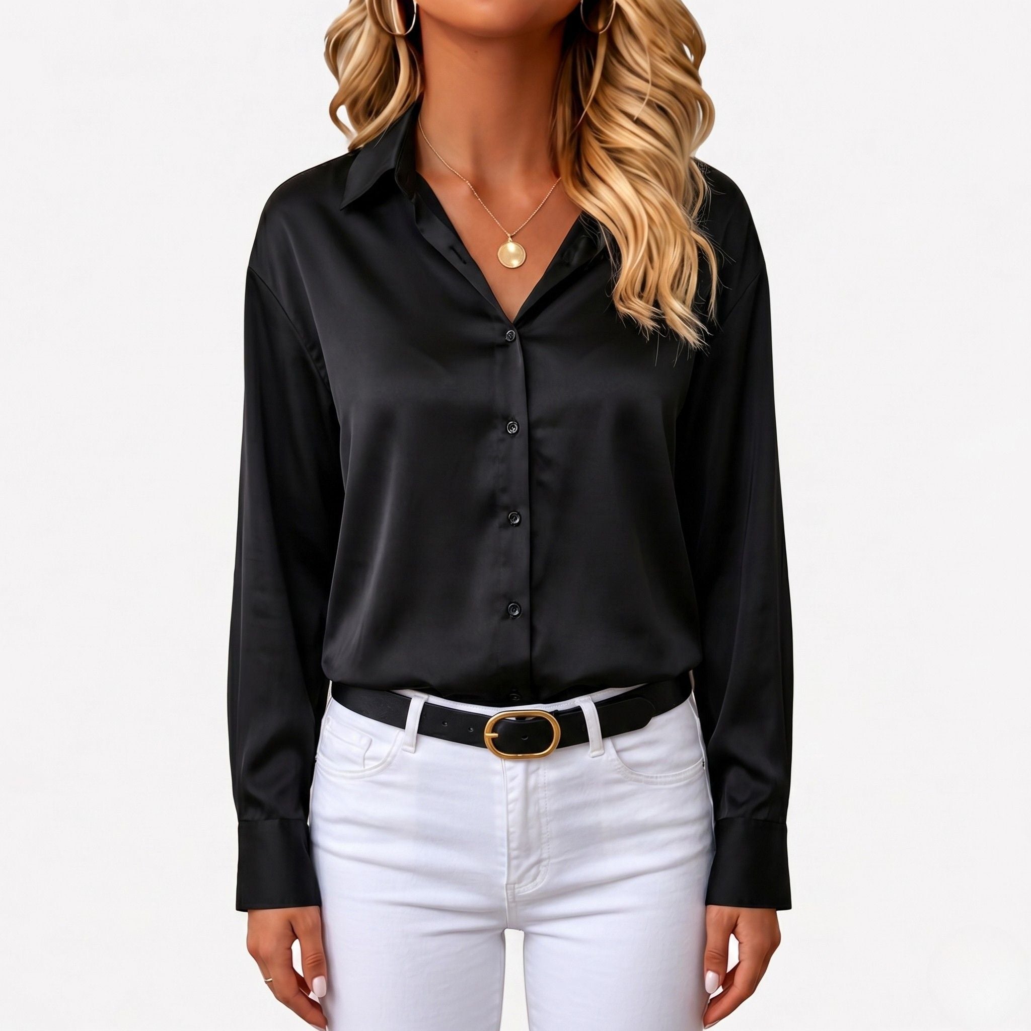 Women's Satin Blouse with Point Collar Relaxed Fit