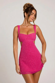 Women's Embellished Cut-Out Mini Dress with Mesh Overlay