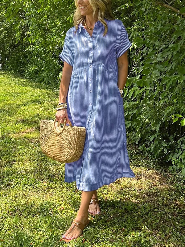 Women's Striped Shirt Dress with Gathered Waist