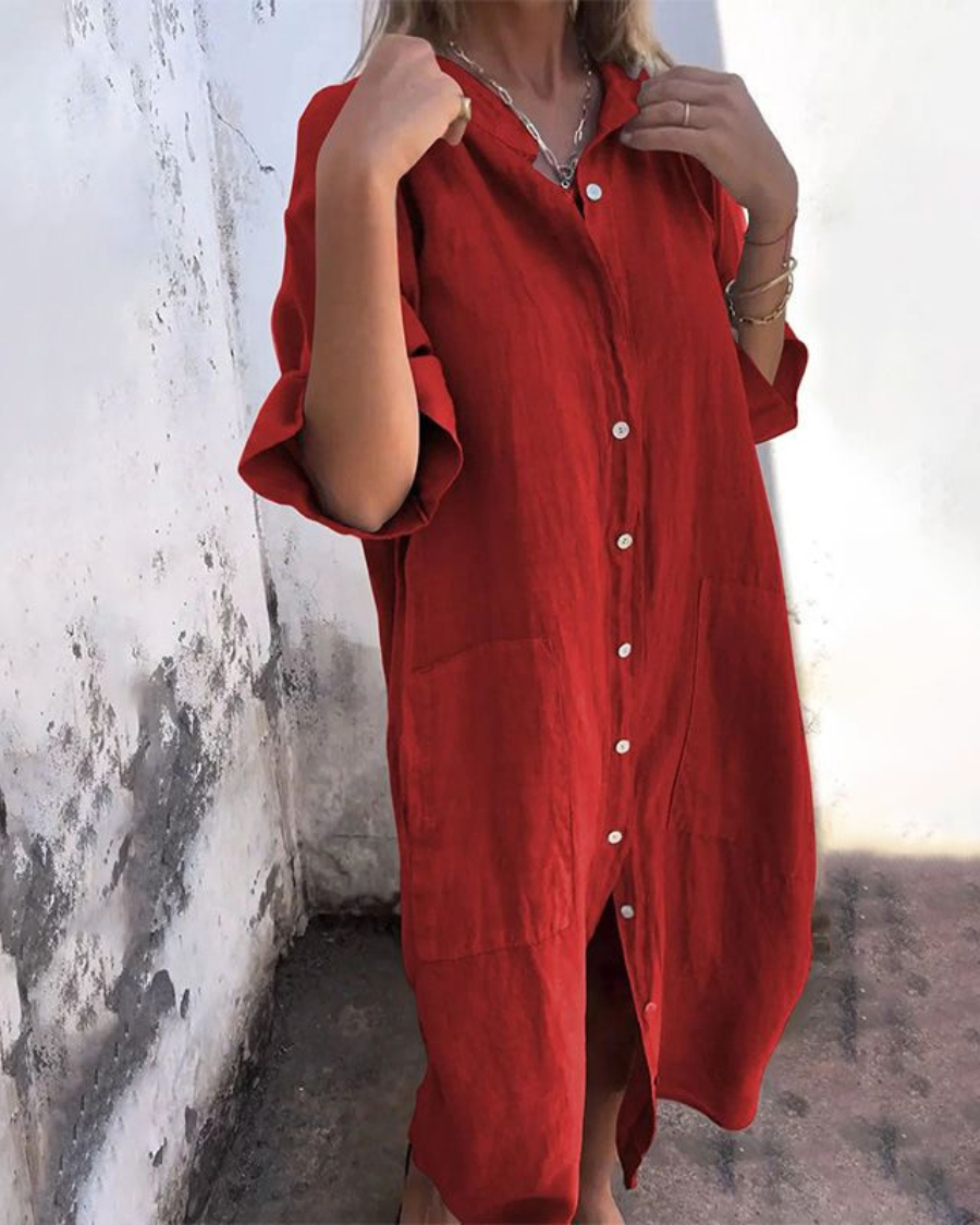 Women's Relaxed Fit Shirt Midi Dress with Pockets