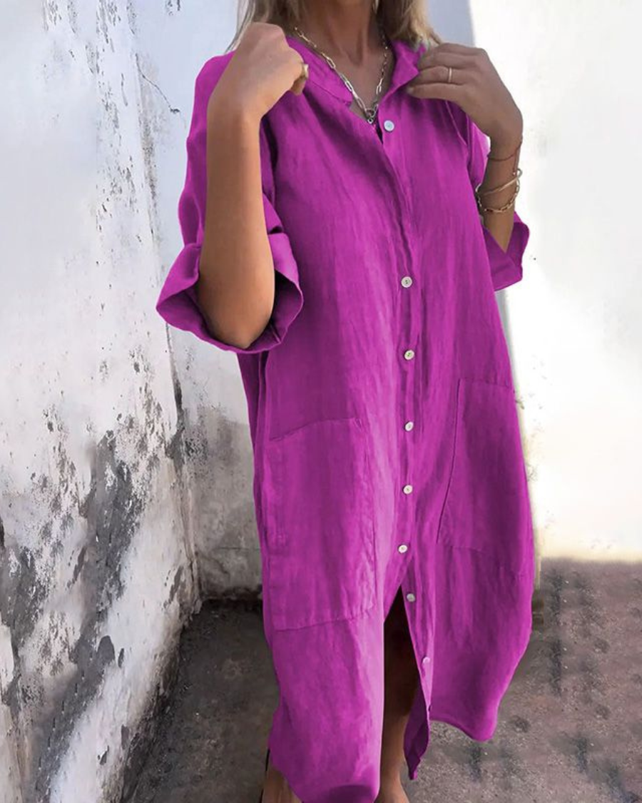 Women's Relaxed Fit Shirt Midi Dress with Pockets