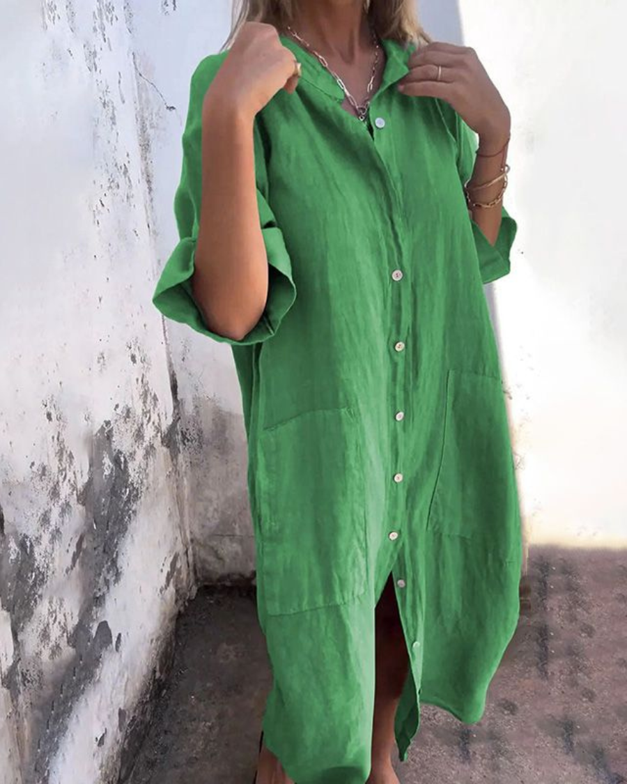 Women's Relaxed Fit Shirt Midi Dress with Pockets