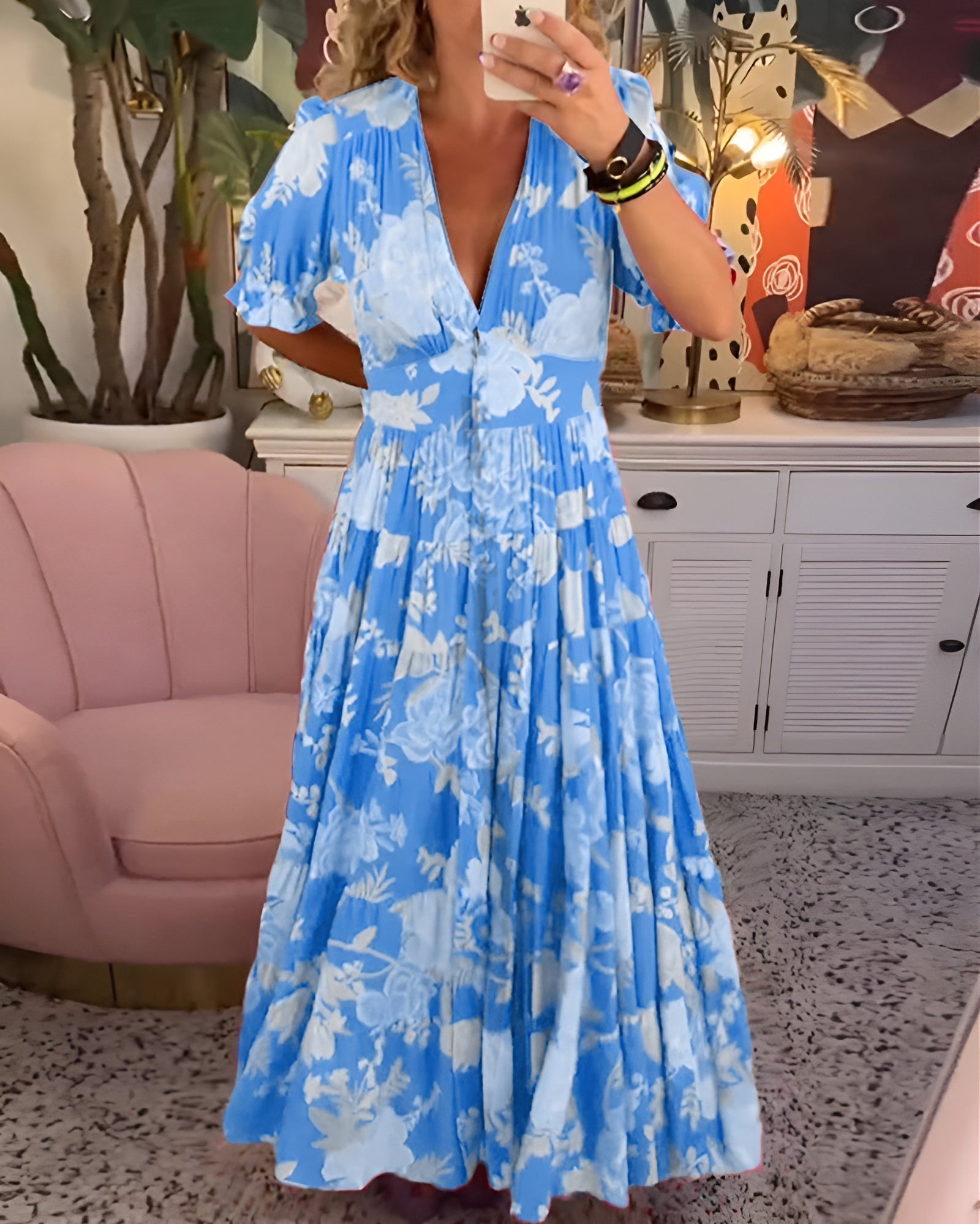 Women's Floral Print V-Neck Maxi Dress with Pockets