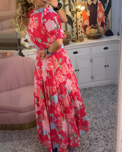 Women's Floral Print V-Neck Maxi Dress with Pockets