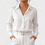 Women's Satin Blouse with Point Collar Relaxed Fit