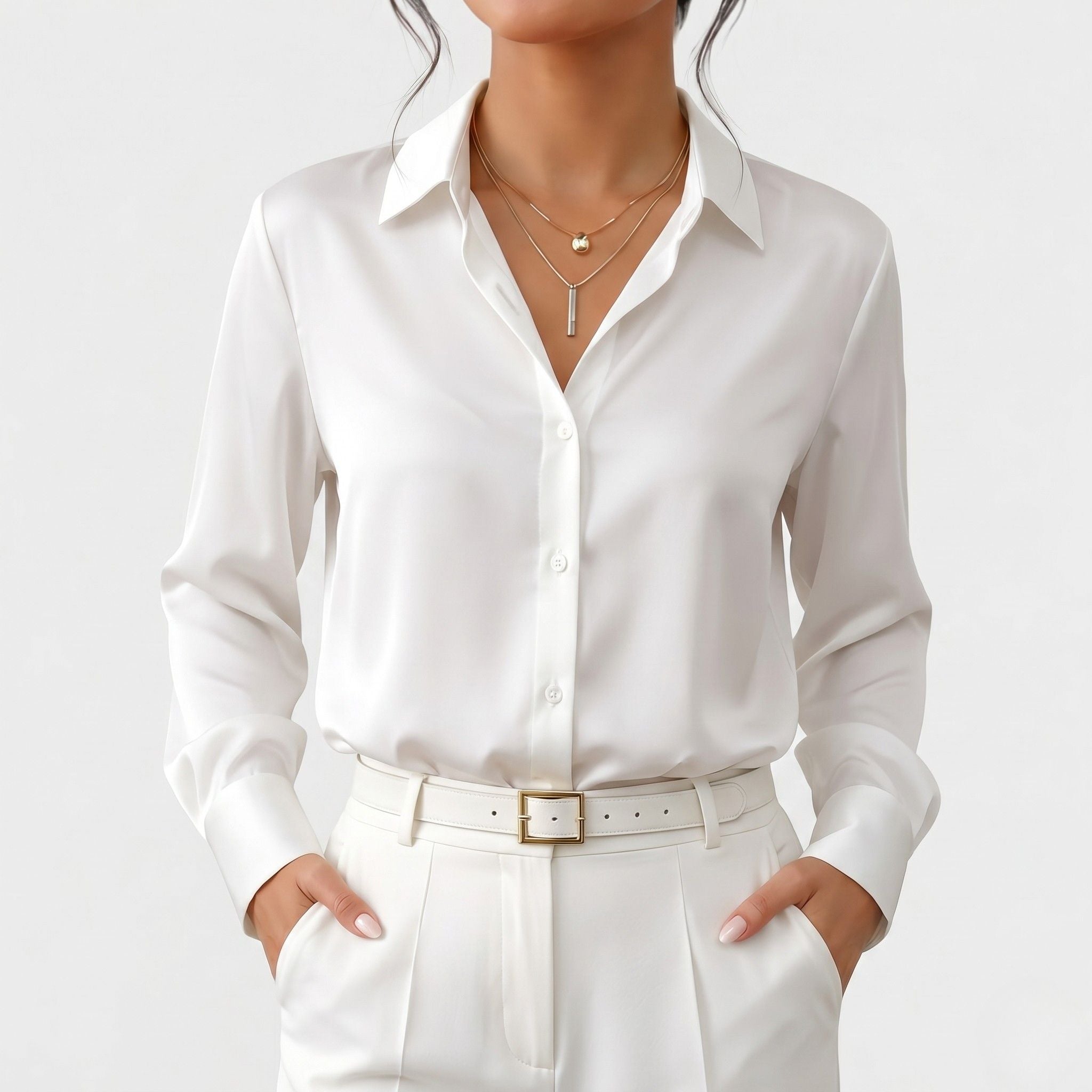 Women's Satin Blouse with Point Collar Relaxed Fit
