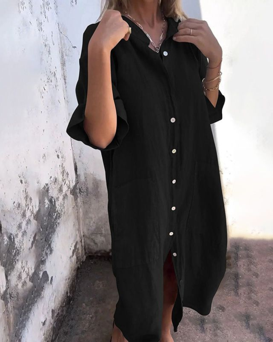 Women's Relaxed Fit Shirt Midi Dress with Pockets