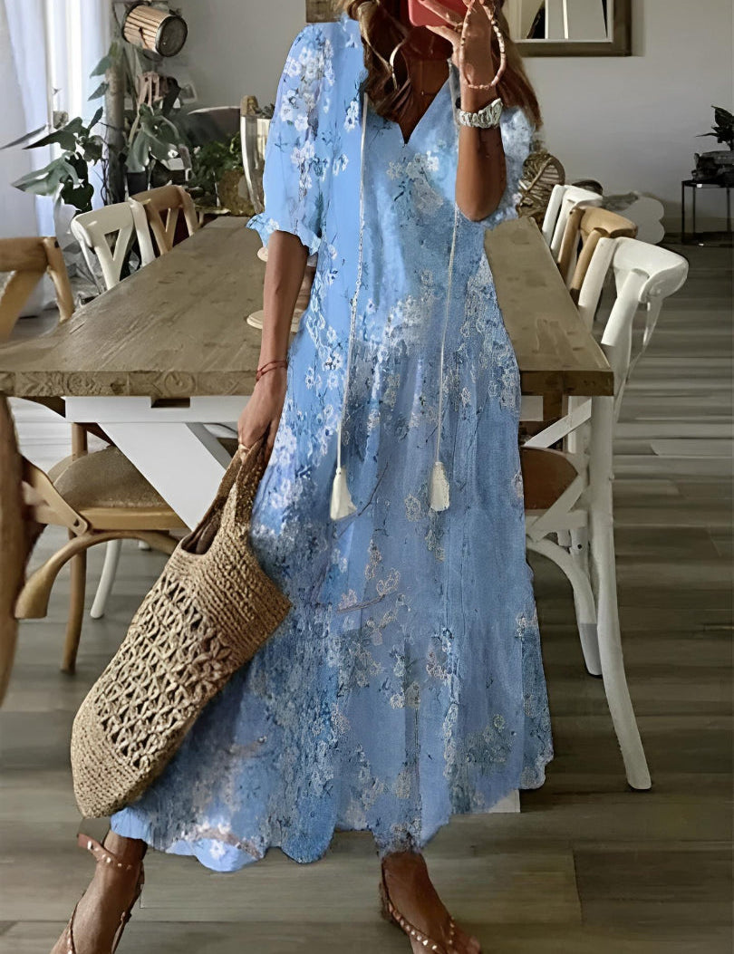 Women's Printed V-Neck Boho Maxi Dress