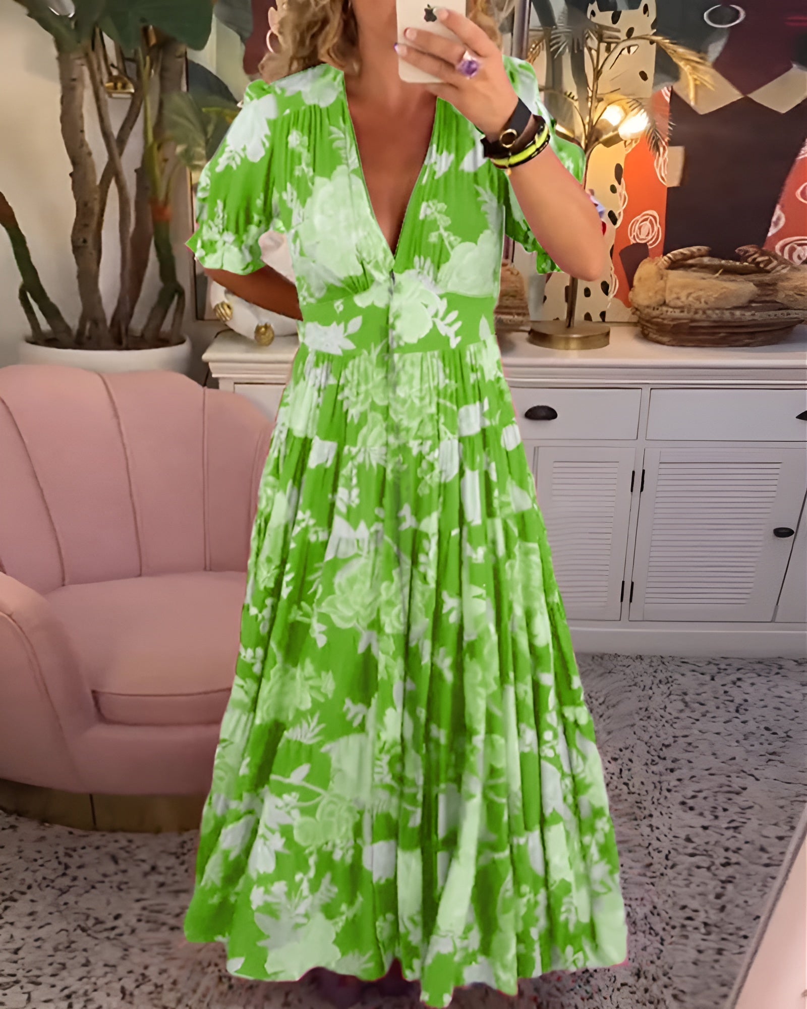 Women's Floral Print V-Neck Maxi Dress with Pockets