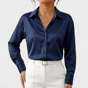 Women's Satin Blouse with Point Collar Relaxed Fit