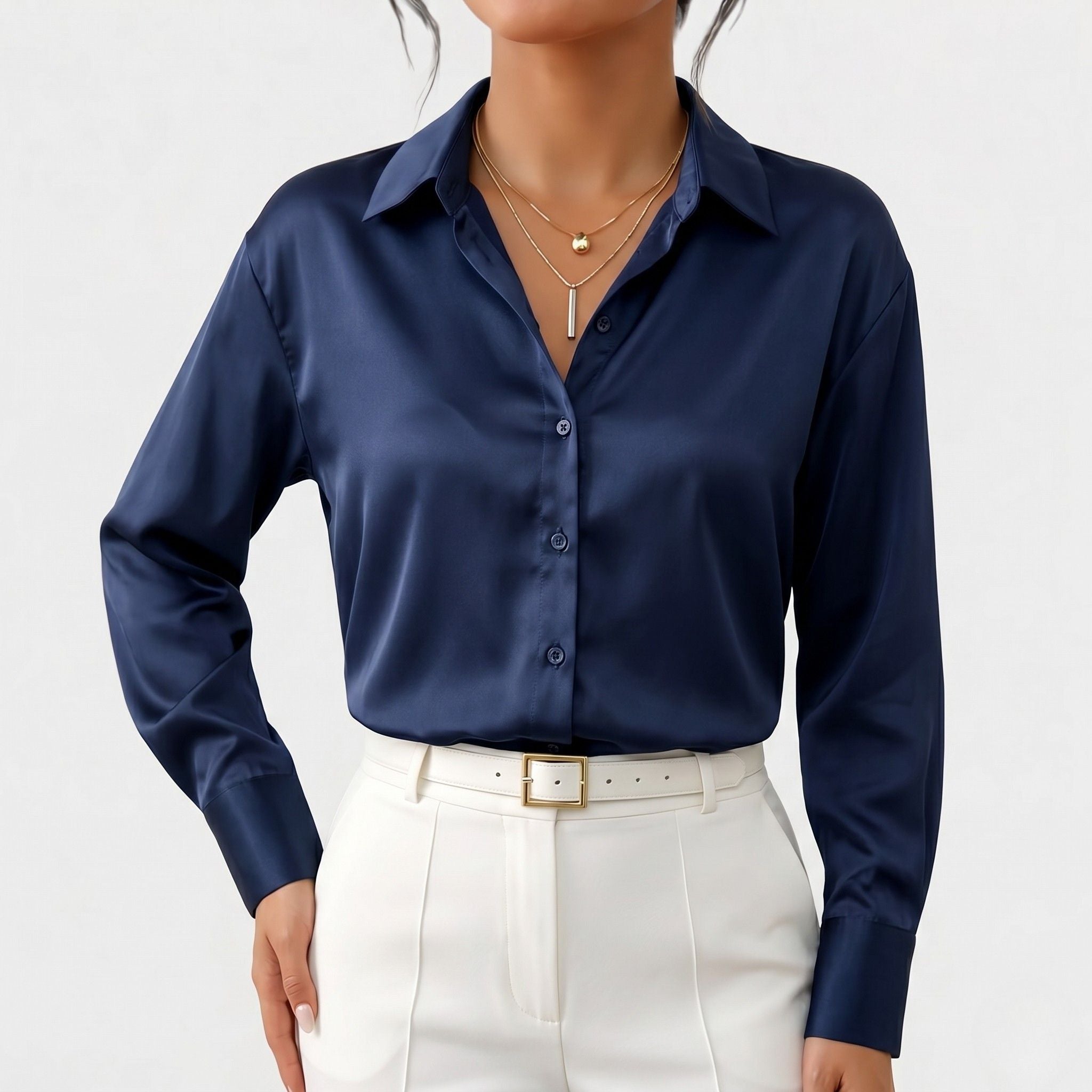 Women's Satin Blouse with Point Collar Relaxed Fit