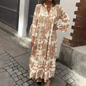 Women's Boho Printed Maxi Dress with Bell Sleeves