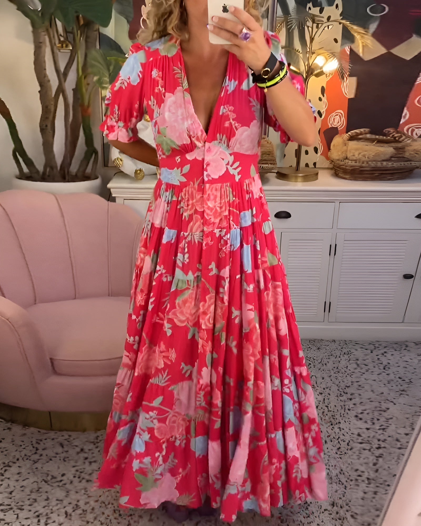 Women's Floral Print V-Neck Maxi Dress with Pockets