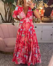 Women's Floral Print V-Neck Maxi Dress with Pockets