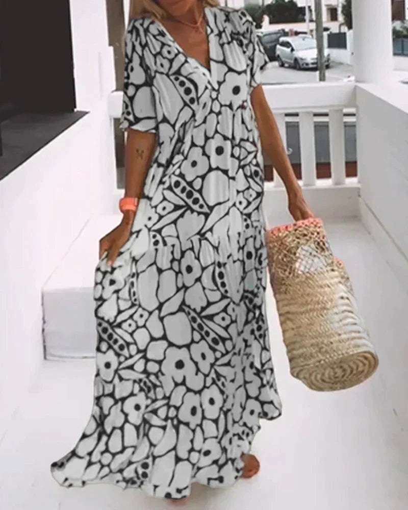 Women's Printed Tiered Maxi Dress with V-Neck