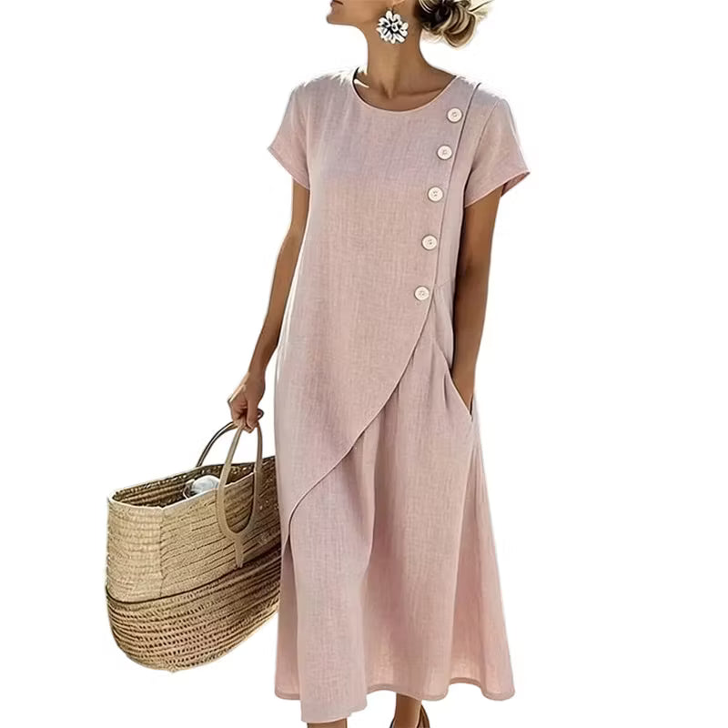 Women's Round Neck Midi Dress with Button Detail