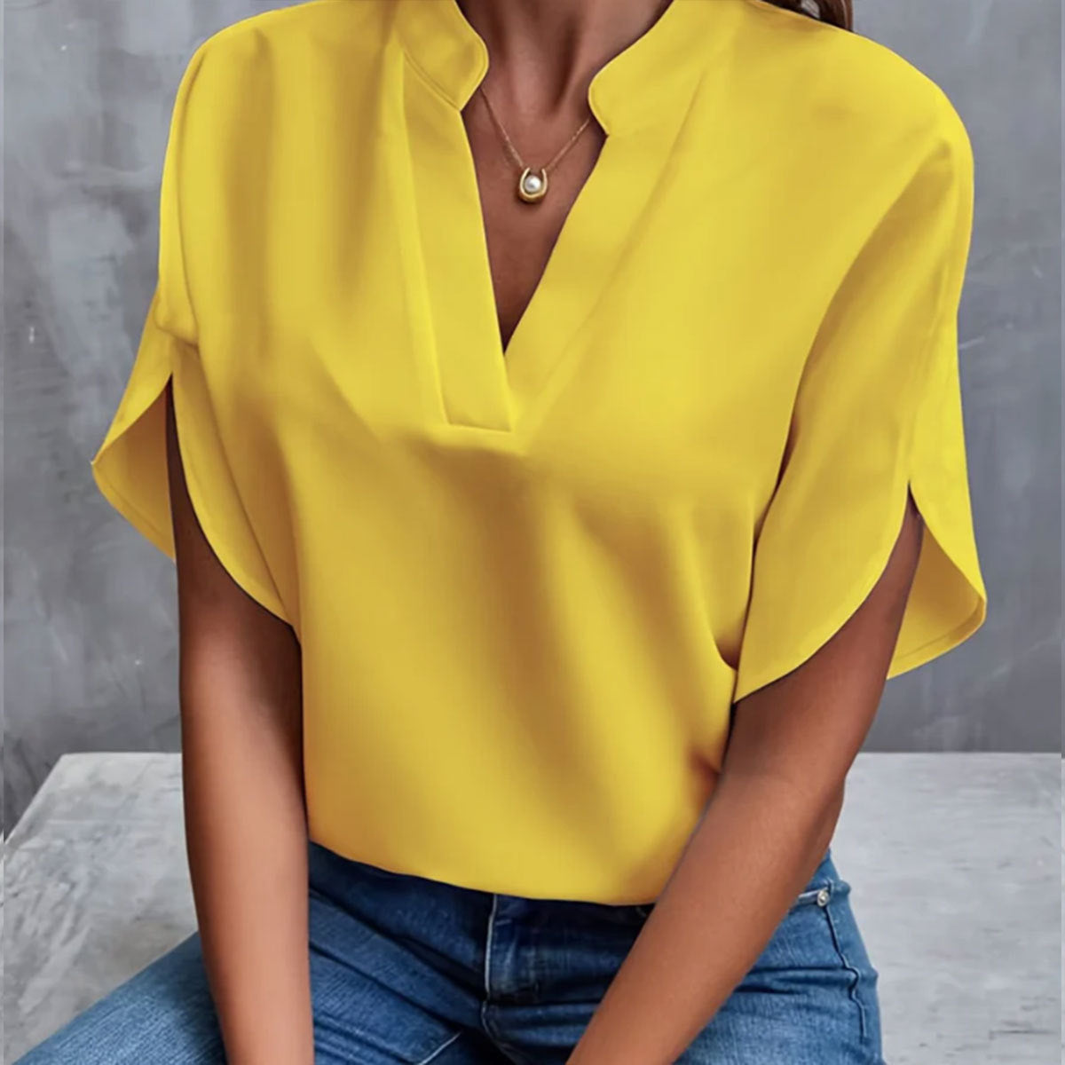 Women's Notch Neck Blouse with Split Sleeves