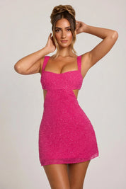 Women's Embellished Cut-Out Mini Dress with Mesh Overlay
