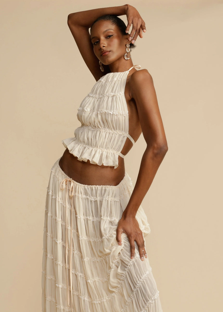 Women's Ruffled Halter Top Maxi Skirt Set