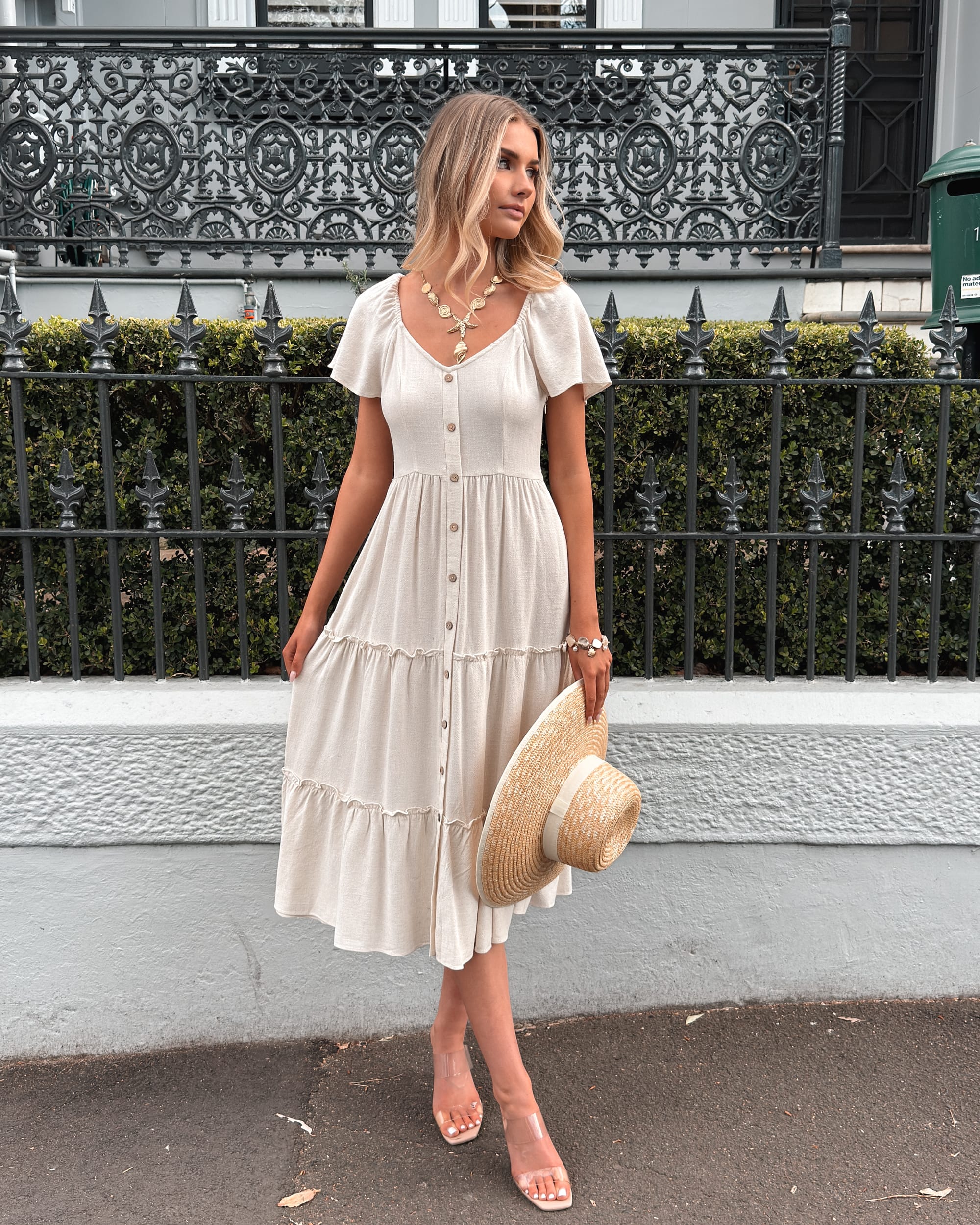 Women's Linen Midi Dress with Tiered Frill Skirt