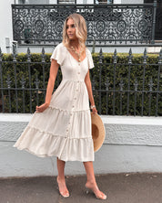 Women's Linen Midi Dress with Tiered Frill Skirt