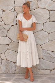 Women's Linen Midi Dress with Tiered Frill Skirt