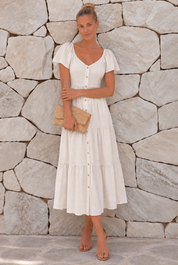 Women's Linen Midi Dress with Tiered Frill Skirt